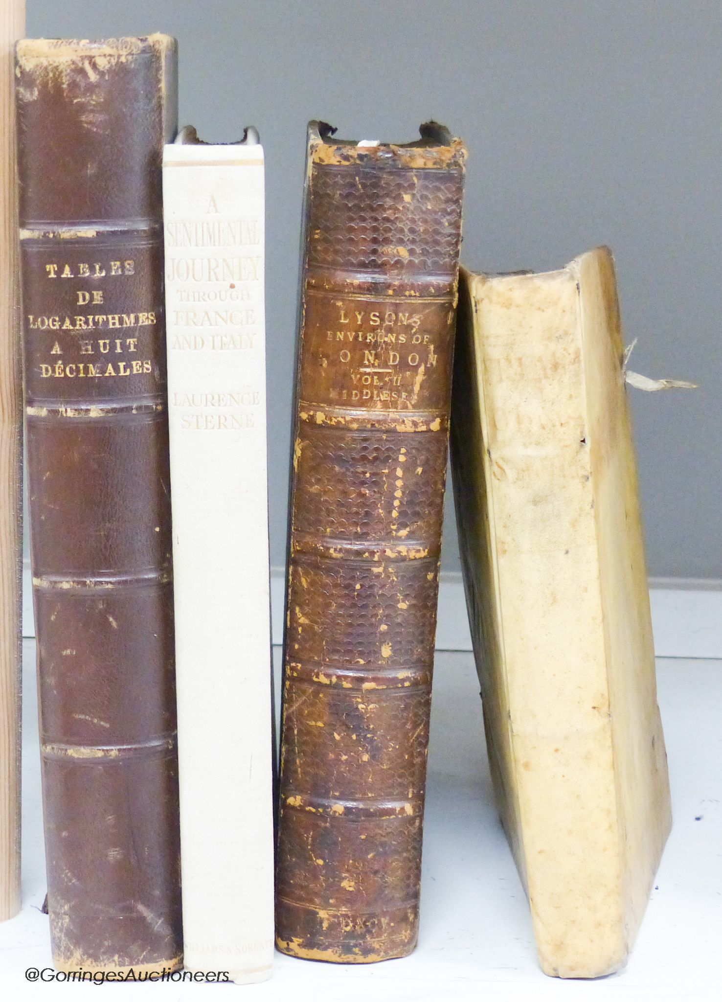 Obras Sueltas vellum bound book, Geographique de L'Armee, Lyson's London and Sentimental Journey through France and Italy